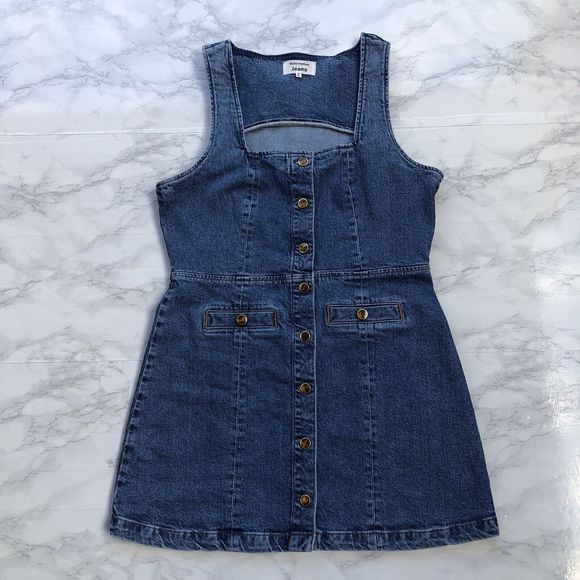 Reformation Dresses & Skirts - Reformation Dionne Stretch Denim Jean Mini Dress Button Front Square Neck Sz 12